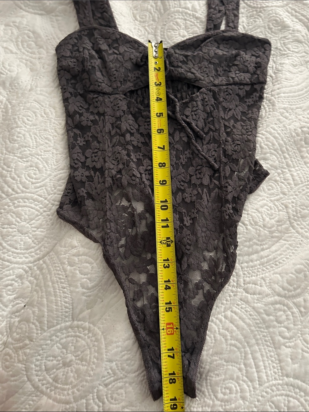 Free People Charcoal Lace Tie-Front Square-Neck Bodysuit Strike A Pose Size M - Picture 10 of 11